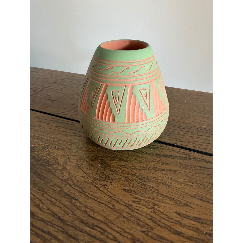 Handmade Native Terracotta Vase Small Sage Green Carved Geometric Southwestern